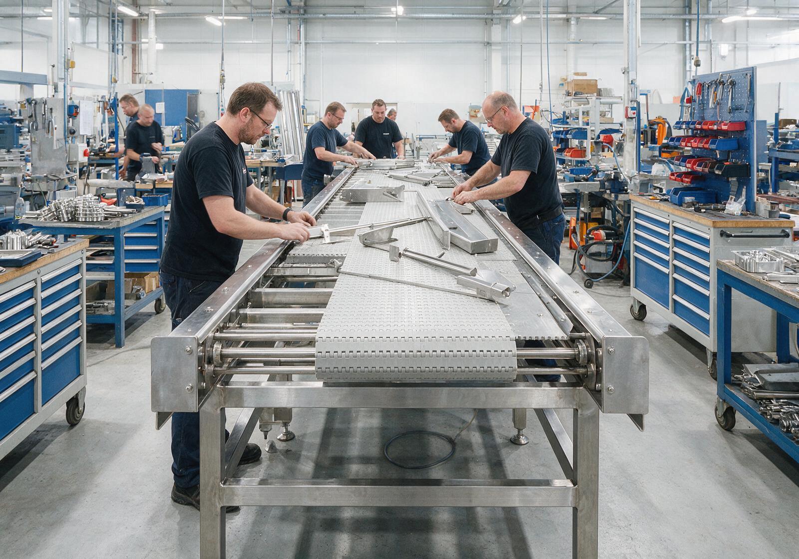 Assembly of cattle slaughter line equipment before factory testing