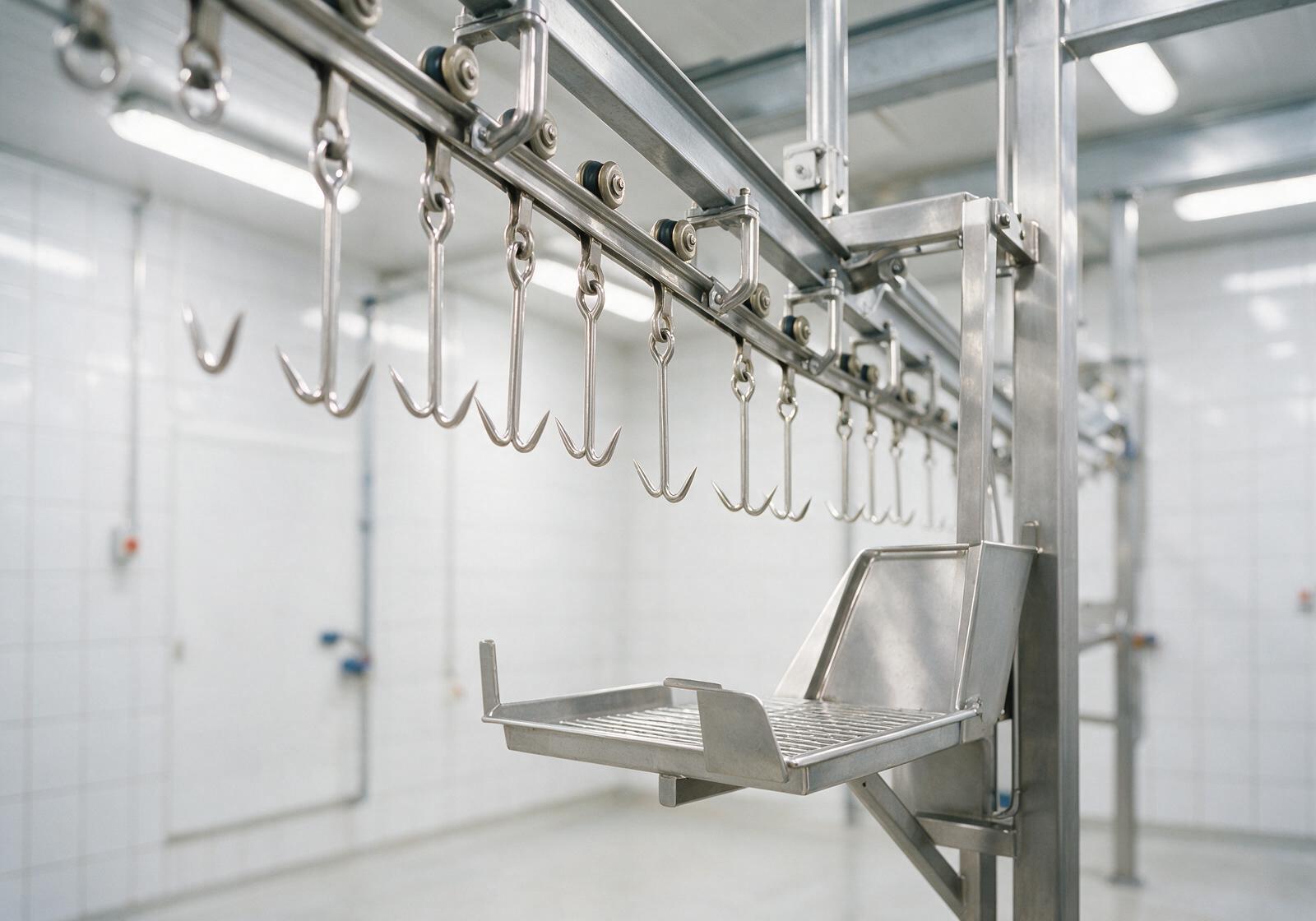 Sheep slaughter line bleeding rail and skinning platform