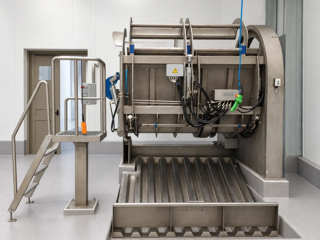 Rotary cattle restraint box with stairs, controls and the receiving trough