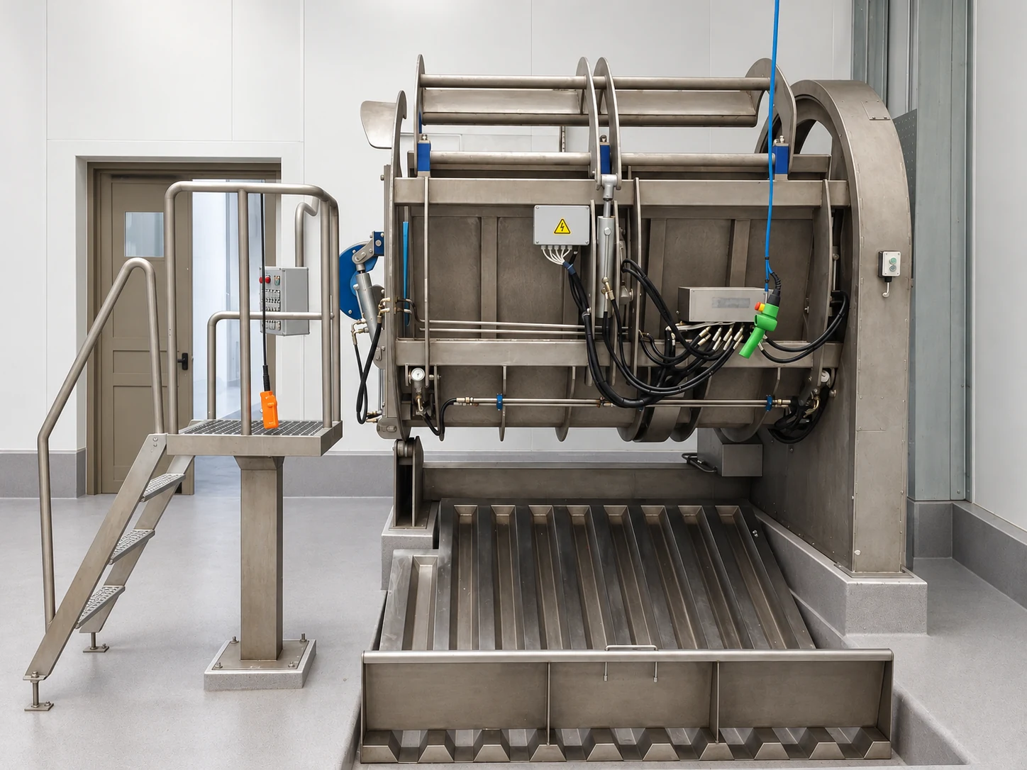 Rotary cattle restraint box with stairs, controls and the receiving trough