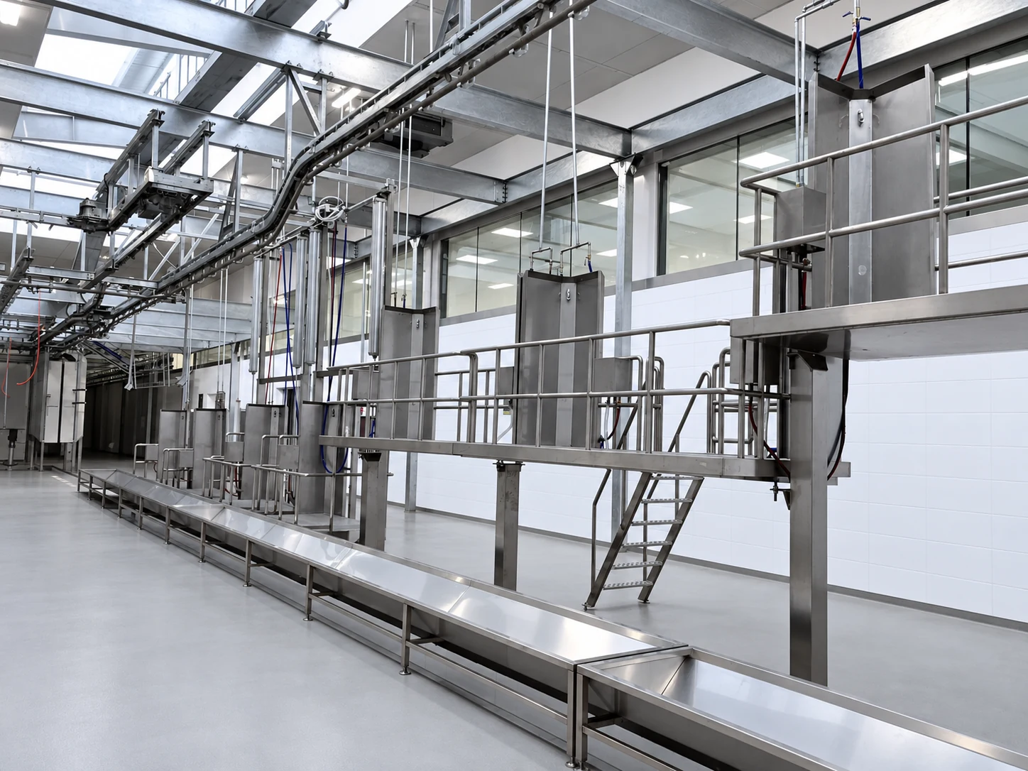 Suspended cattle bleeding conveyor with the collection trough and operator platform