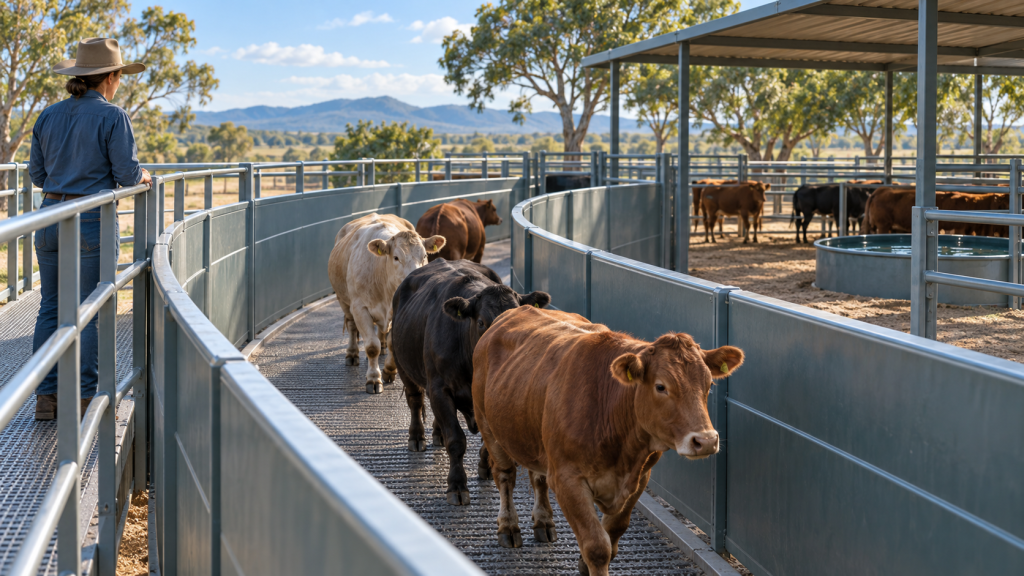Generated illustration of cattle moving through a curved lane beside shaded pens and drinking water