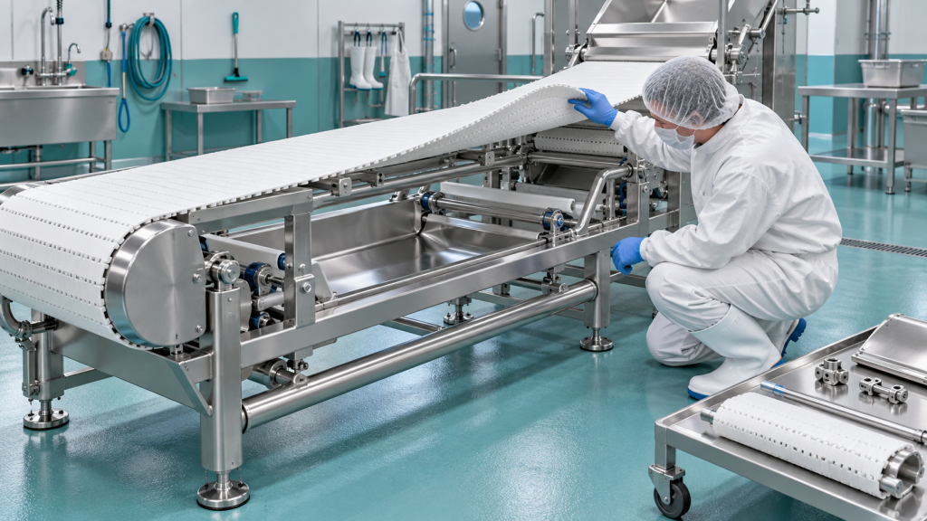 Generated illustration of a technician checking accessible surfaces beneath a food-processing conveyor