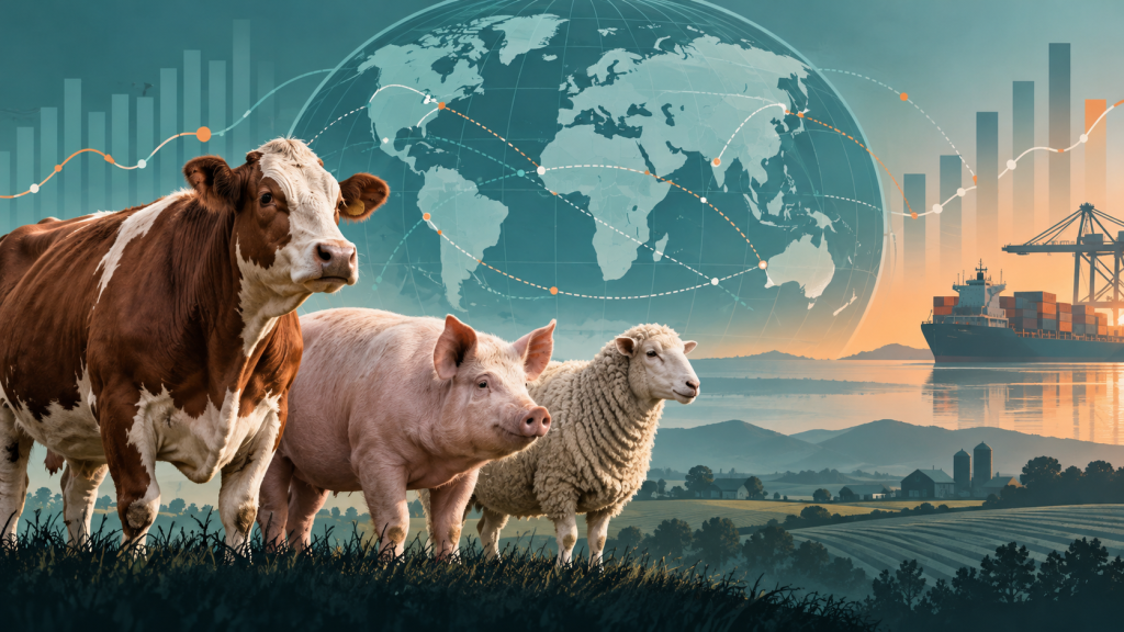 Generated illustration of cattle, pigs and sheep with conceptual world trade routes