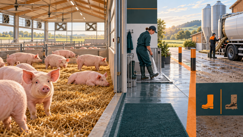 Generated illustration of pigs, a boot-cleaning entry and a separate feed delivery area