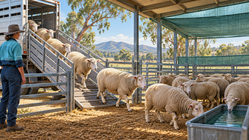 Generated illustration of sheep arriving in a shaded receiving pen with drinking water
