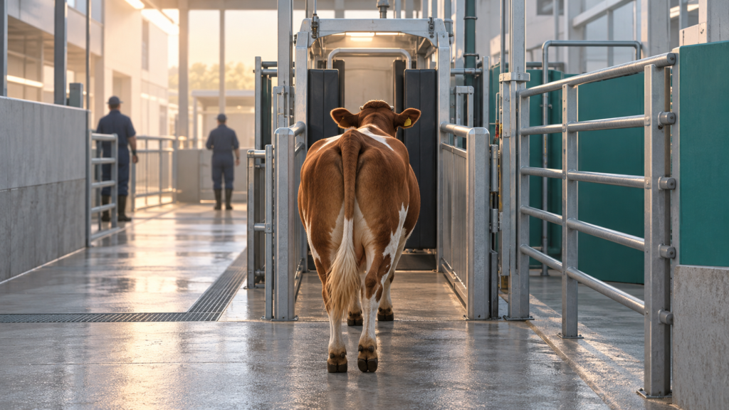 Generated illustration of a cow approaching a clean cattle restraint station
