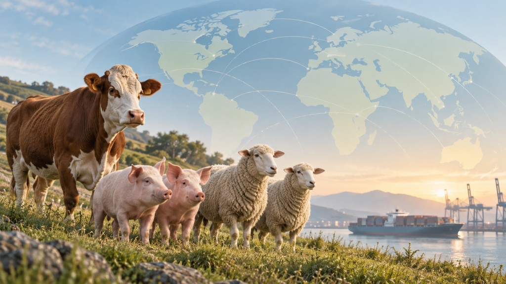 Generated illustration of cattle, pigs and sheep beside conceptual global trade imagery