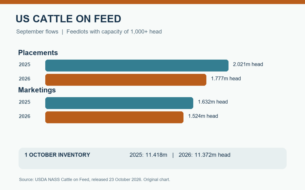 Chart comparing US September feedlot placements and marketings in 2025 and 2026
