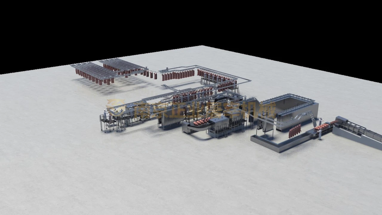 3D design illustration of a pig processing line