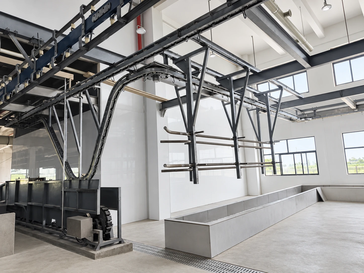 Suspended pig bleeding conveyor and collection trough