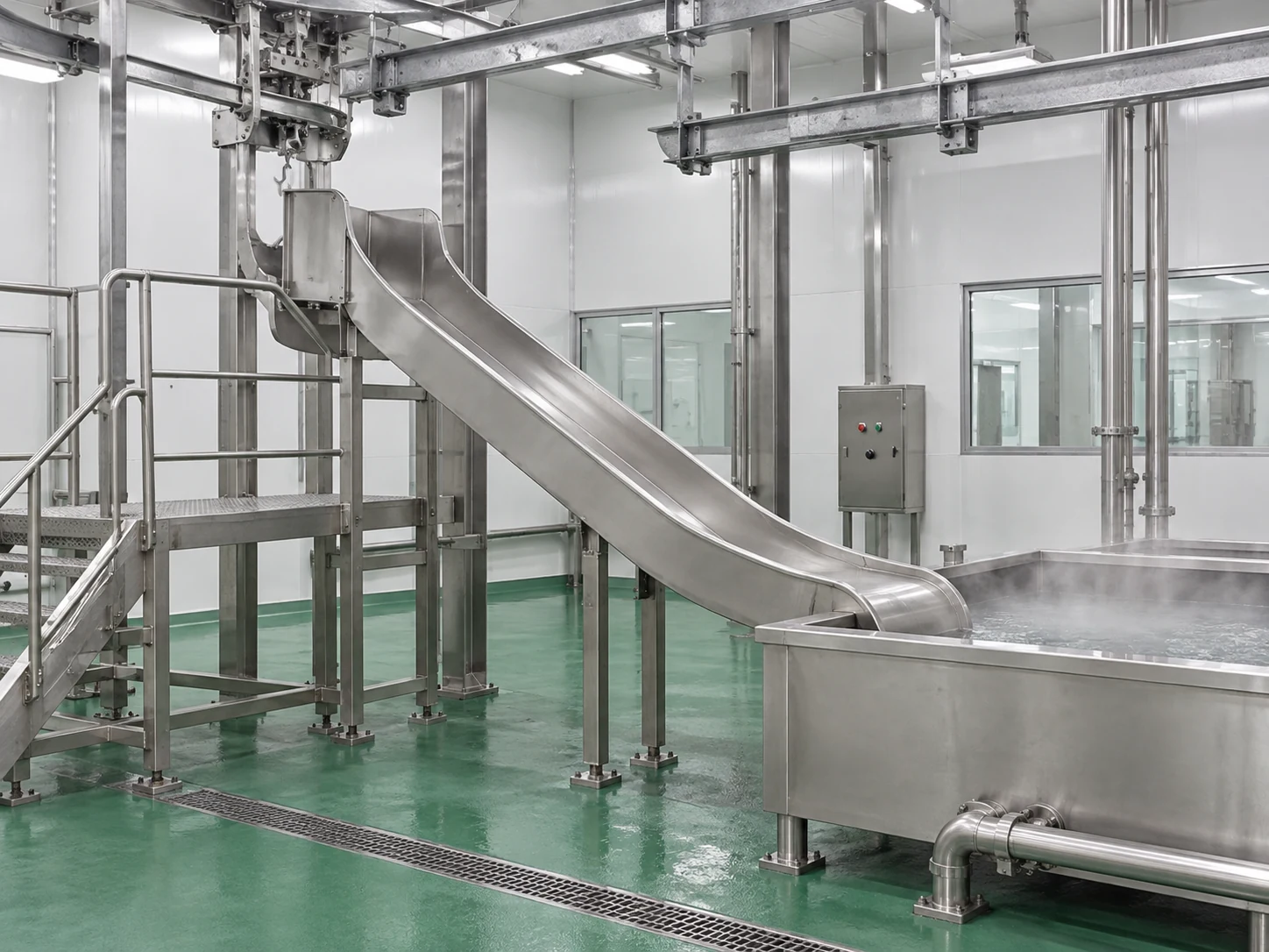 Спускной желоб для туш коз и приёмное сопряжение со шпарильным чаном